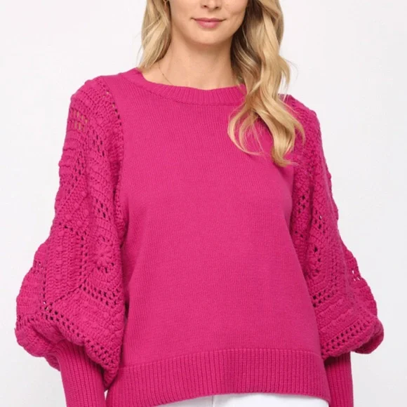 🩷FATE HOT PINK BARBIE CORE HAND KNIT CROCHET BALLOON SLEEVE SWEATER SIZE MEDIUM - Picture 2 of 13